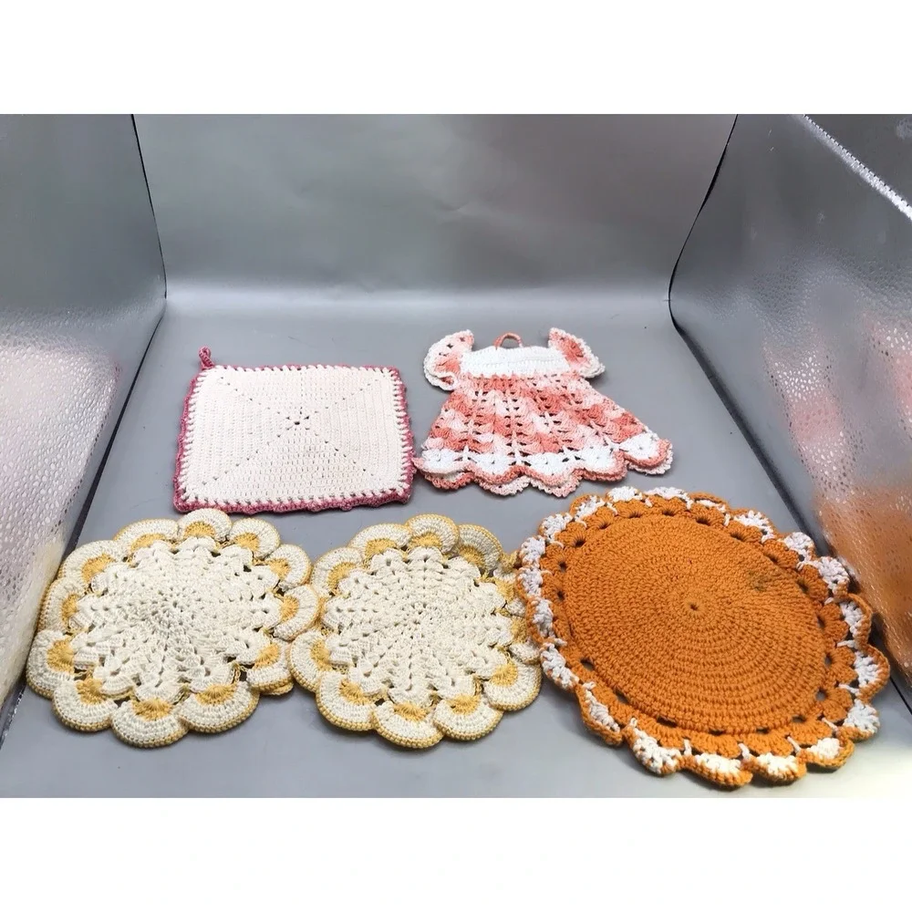 5 Crocheted Trivets Orange One Is Slightly Stained 5